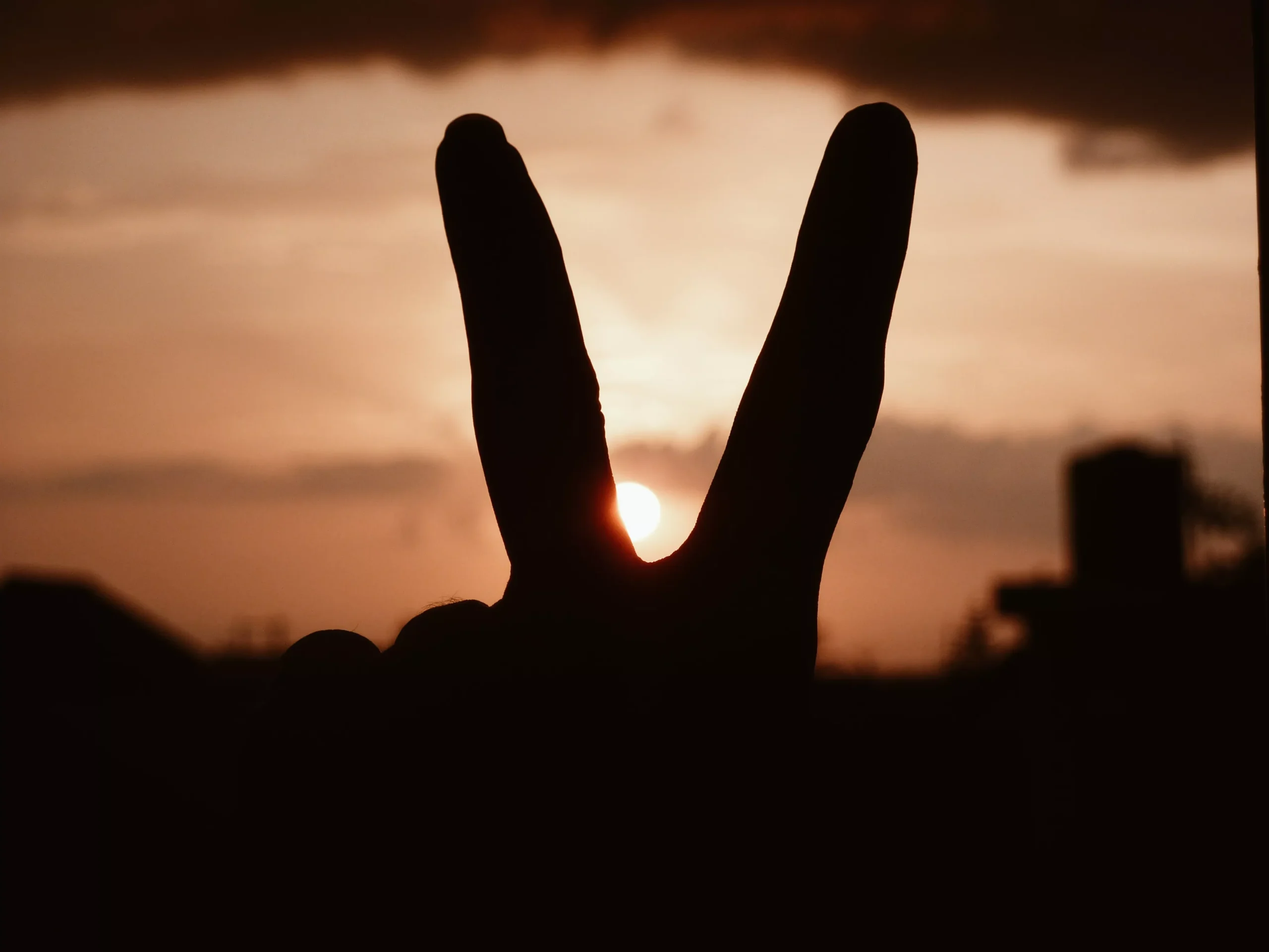 silhouette of peace sign over sunset